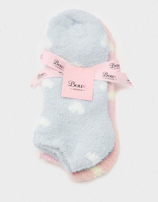 Boux Avenue Heart fluffy trainer socks 2 pack cosy super soft loungewear in blue mix, 6 of 6