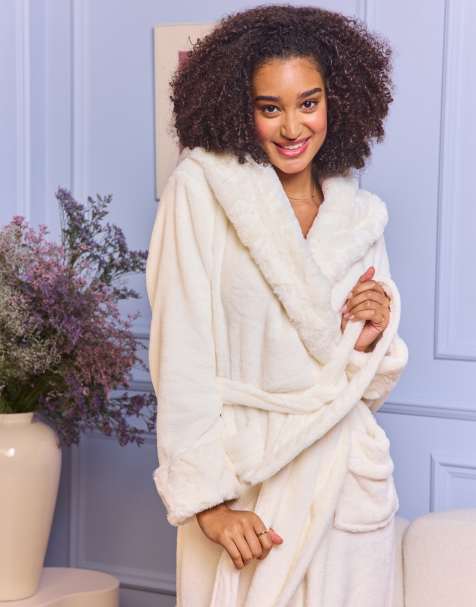 Boux Avenue Heart fur trim long dressing gown soft bathrobe with hood in cream - view 1