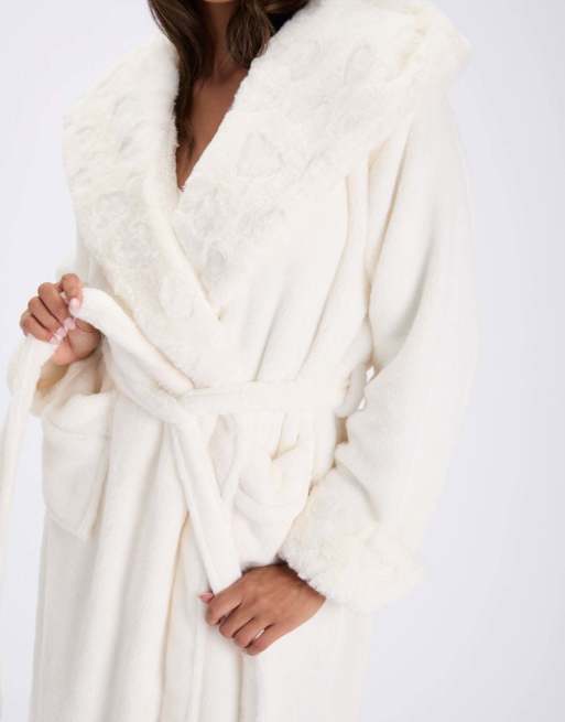 Boux Avenue Heart fur trim long dressing gown soft bathrobe with hood in cream, 5 of 5