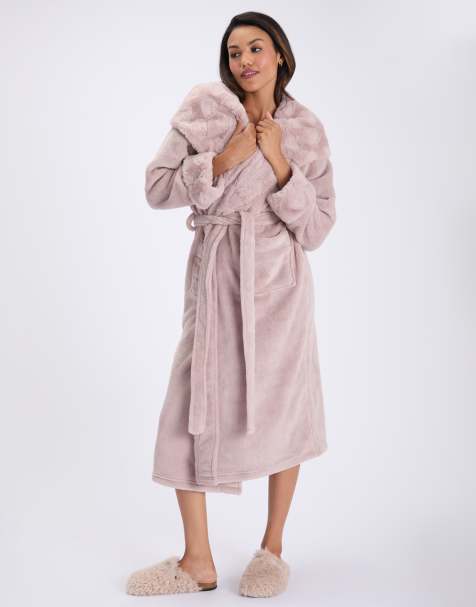 Boux Avenue Heart fur trim long dressing gown soft bathrobe with hood in mocha - view 1