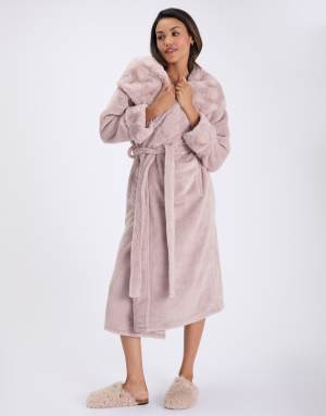 Boux Avenue Heart fur trim long dressing gown soft bathrobe with hood in mocha