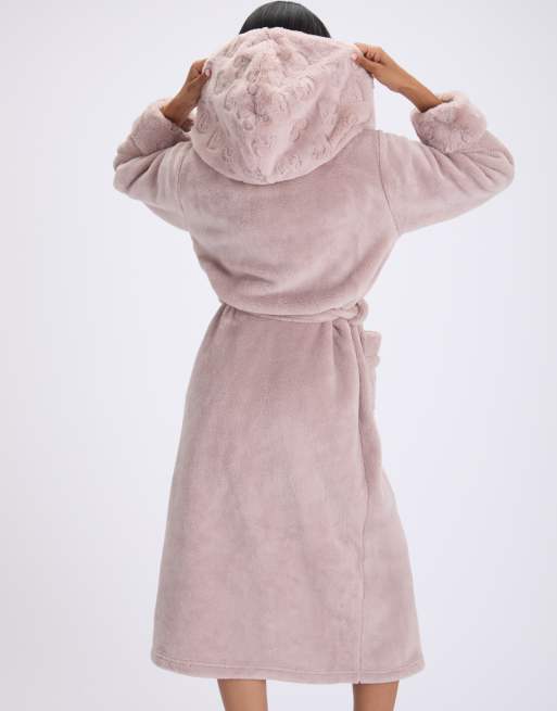 Boux Avenue Heart fur trim long dressing gown soft bathrobe with hood in mocha, 2 of 4