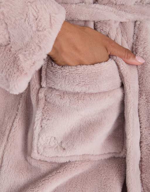 Boux Avenue Heart fur trim long dressing gown soft bathrobe with hood in mocha, 3 of 4