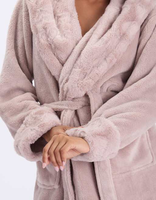 Boux Avenue Heart fur trim long dressing gown soft bathrobe with hood in mocha, 4 of 4