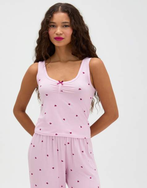 Boux Avenue Heart modal long pyjama set with vest and wide leg trousers in pink mix - view 1