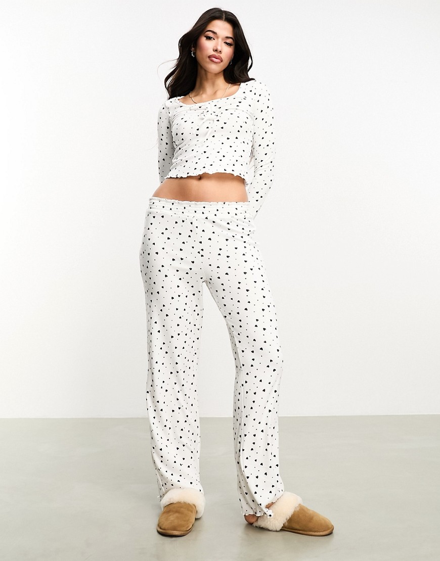 Boux Avenue heart print ribbed top and wide leg trouser nightwear set in ivory-White
