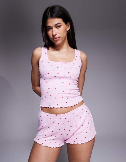 Boux Avenue heart rib pyjama shorts and cami set in pink, 2 of 4