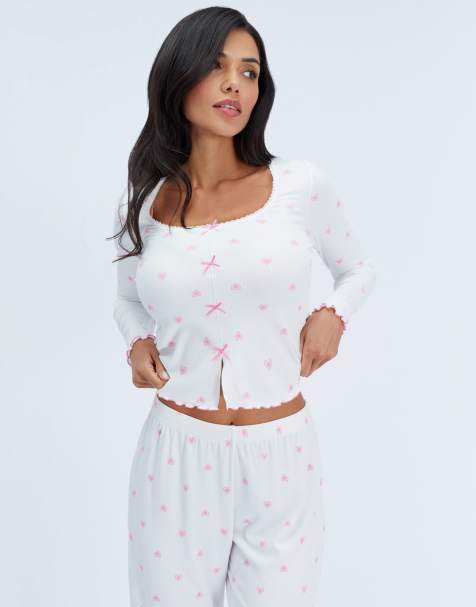 Boux Avenue Heart ribbed bow long pyjama set top and trousers nightwear in ivory mix - view 1