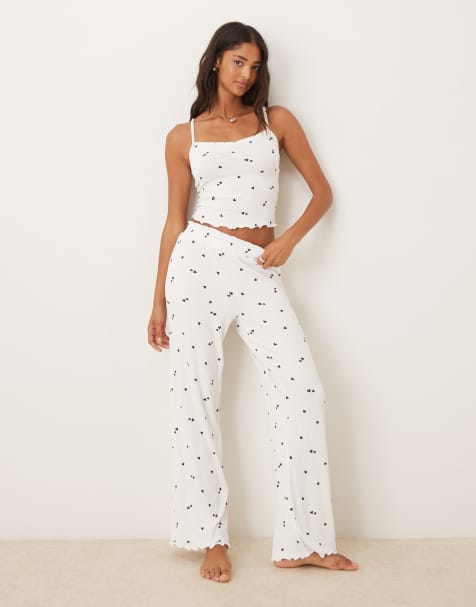 Boux Avenue Heart ribbed cami top and trousers pyjama set in ivory mix - view 1