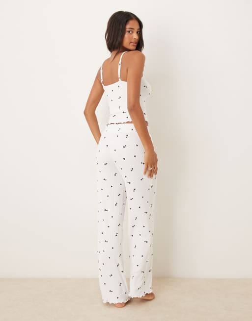 Boux Avenue Heart ribbed cami top and trousers pyjama set in ivory mix, 4 of 4