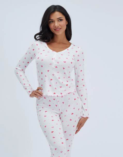 Boux Avenue Heart ribbed long pyjama set top and leggings nightwear pj in ivory mix - view 1