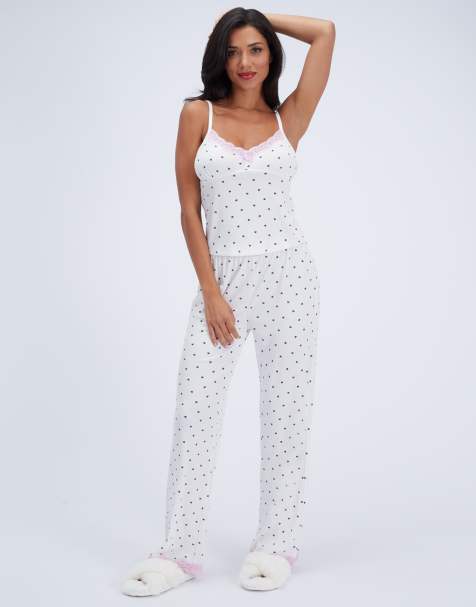 Boux Avenue Heart ribbed modal long pyjama set cami top and trousers pj in ivory mix - view 1