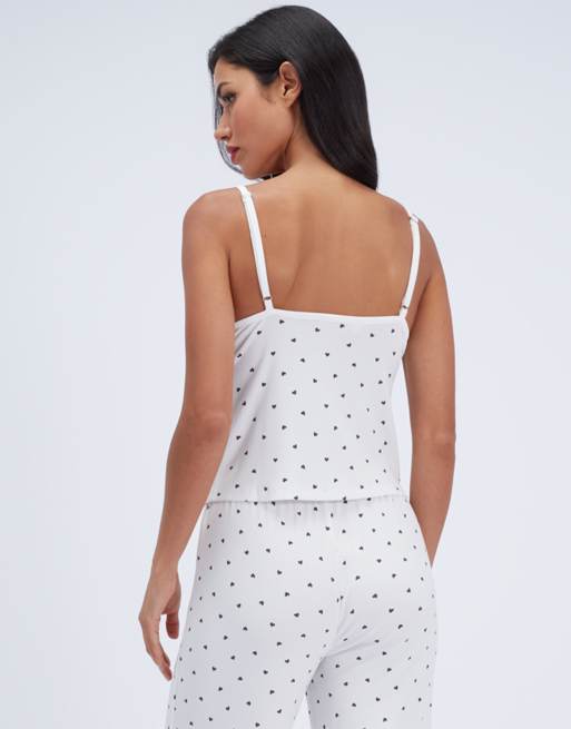 Boux Avenue Heart ribbed modal long pyjama set cami top and trousers pj in ivory mix, 2 of 7