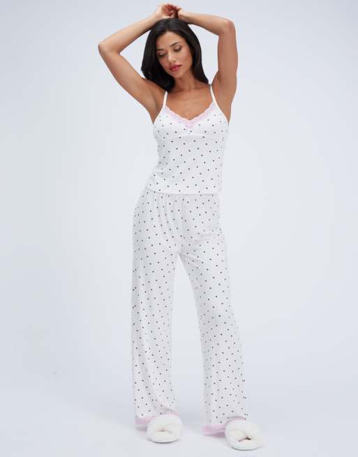Boux Avenue Heart ribbed modal long pyjama set cami top and trousers pj in ivory mix, 4 of 7