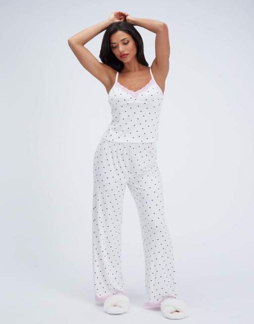 Boux Avenue Heart ribbed modal long pyjama set cami top and trousers pj in ivory mix, 7 of 7