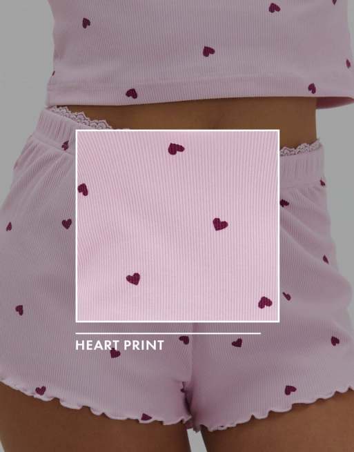 Boux Avenue Heart ribbed short pyjama set with long sleeved top in pink mix, 2 of 4