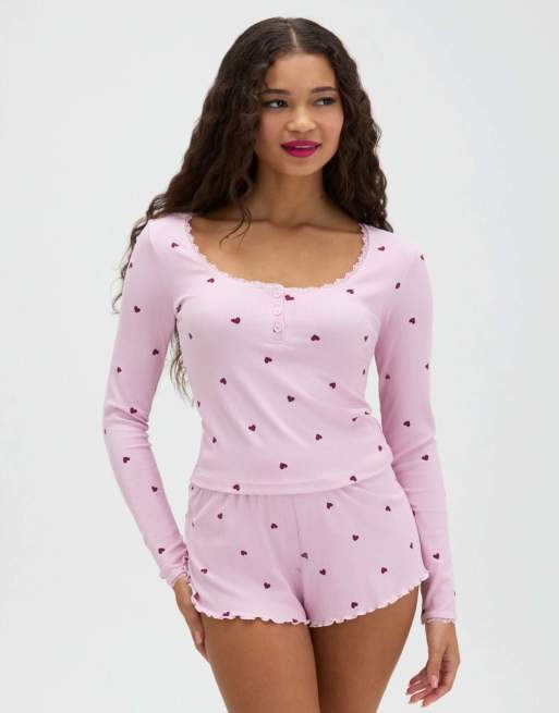 Boux Avenue Heart ribbed short pyjama set with long sleeved top in pink mix, 3 of 4