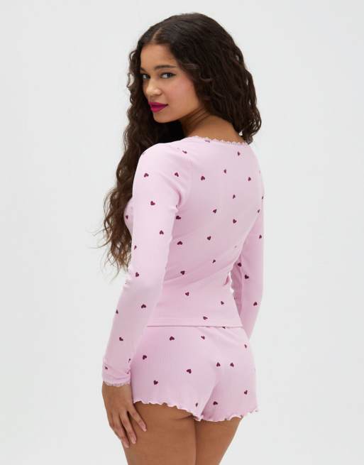 Boux Avenue Heart ribbed short pyjama set with long sleeved top in pink mix, 4 of 4