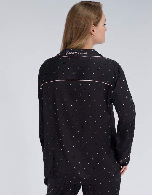 Boux Avenue Heart satin pyjama set oversized top and trousers nightwear in black mix, 2 of 7