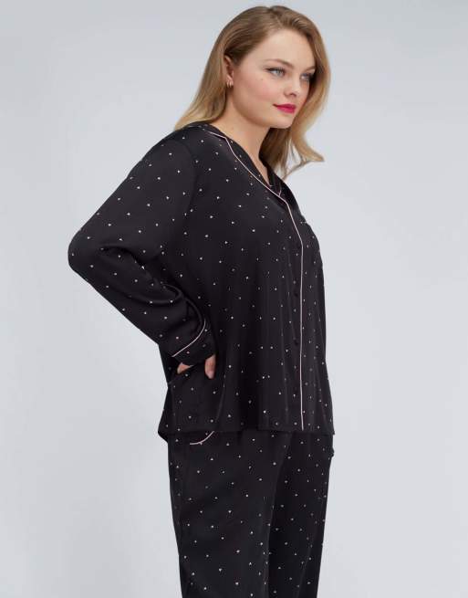Boux Avenue Heart satin pyjama set oversized top and trousers nightwear in black mix, 7 of 7