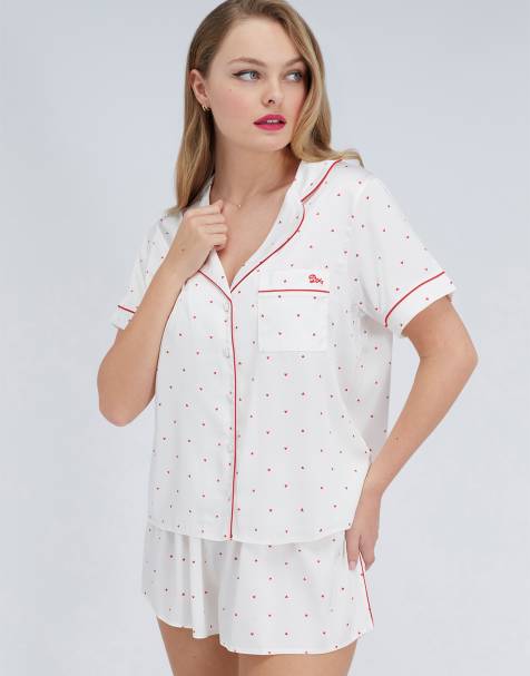 Boux Avenue heart satin short pyjama set relaxed top and shorts in ivory mix - view 1