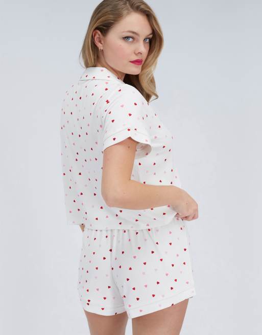Boux Avenue heart short pyjama set classic collar top and shorts in ivory mix, 2 of 4