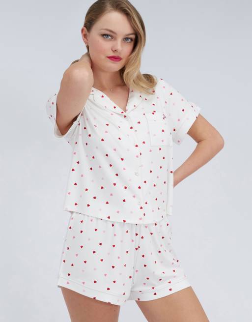 Boux Avenue heart short pyjama set classic collar top and shorts in ivory mix, 4 of 4