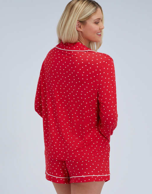 Boux Avenue heart short pyjama set relaxed top and shorts in red mix, 4 of 4