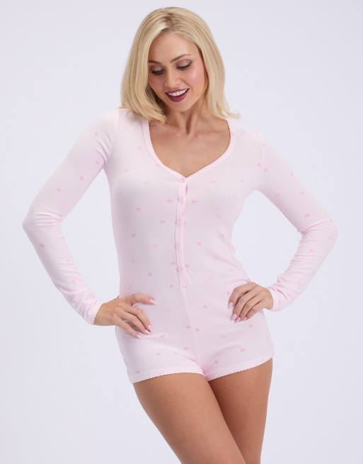 Boux Avenue Heart supersoft short playsuit chic v-neck comfy nightwear in pink mix, 6 of 6