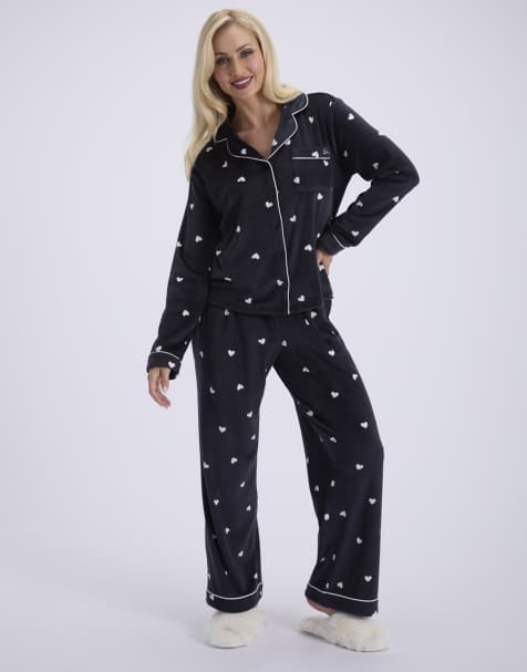 Boux Avenue Heart velour long pyjama set top and wide leg trousers pj in charcoal - view 1