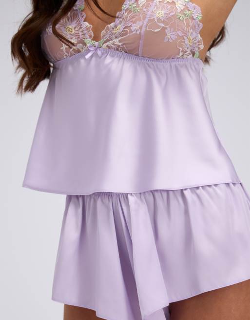 Boux Avenue Heather short cami set satin embroidered top and shorts pj in lilac, 3 of 4