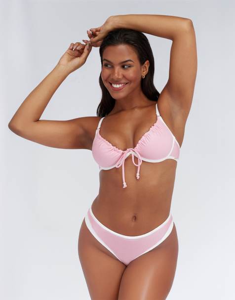 Boux Avenue Ibiza high leg thong bikini bottoms with contrast piping in pink mix - view 1