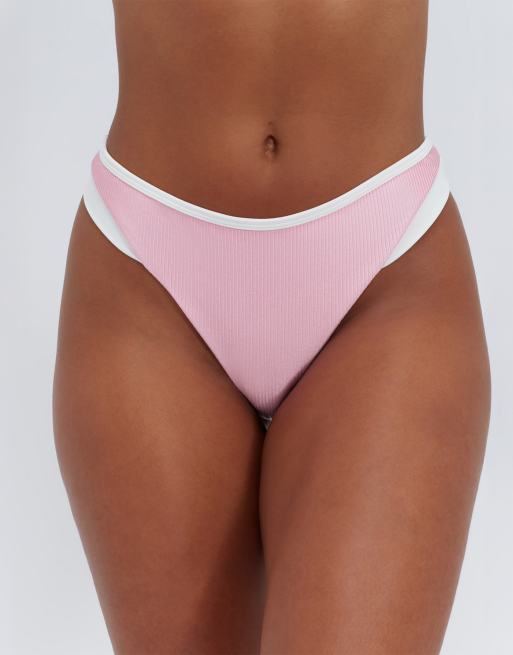 Boux Avenue Ibiza high leg thong bikini bottoms with contrast piping in pink mix, 4 of 4