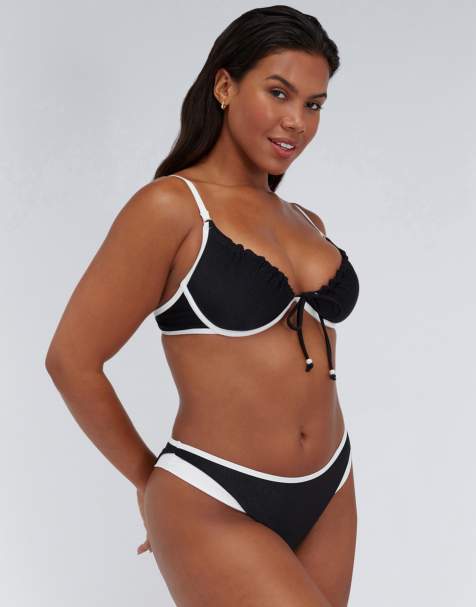 Boux Avenue Ibiza piped brazilian bikini bottoms high leg swimwear in black mix - view 1