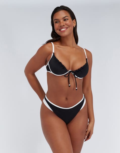 Boux Avenue Ibiza piped high leg thong bikini bottom flattering swimwear in black mix - view 1
