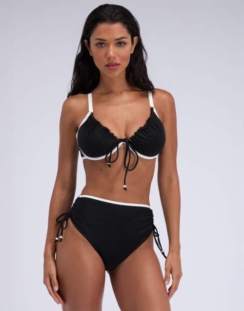 Boux Avenue Ibiza piped high waisted bikini bottoms with pearl detail in black mix - view 1