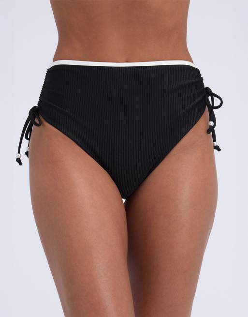 Boux Avenue Ibiza piped high waisted bikini bottoms with pearl detail in black mix, 2 of 4