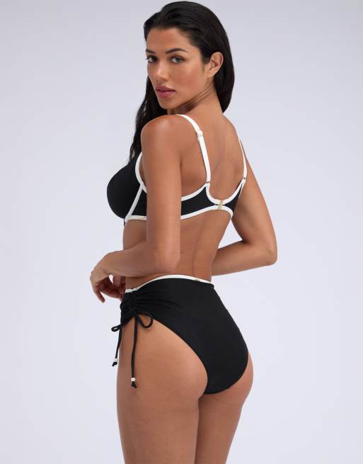 Boux Avenue Ibiza piped high waisted bikini bottoms with pearl detail in black mix, 3 of 4