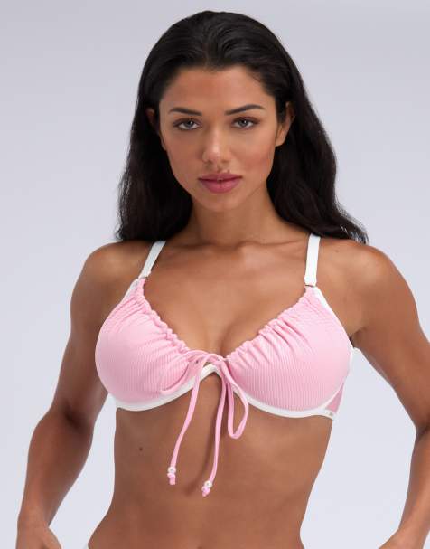 Boux Avenue Ibiza piped plunge bikini top underwired with pearl detail in pink mix - view 1