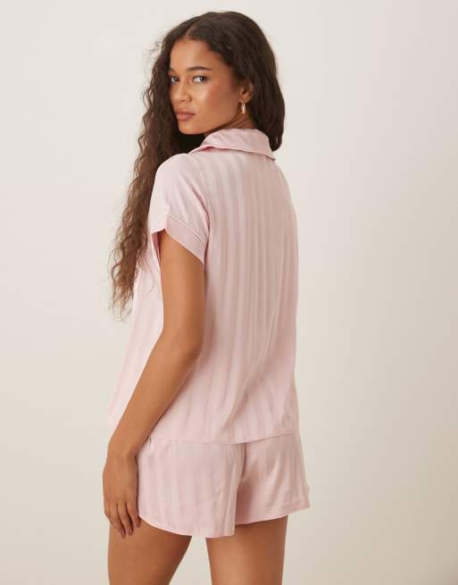 Boux Avenue jacquard short sleeve revere pyjama set in pink stripe, 4 of 4
