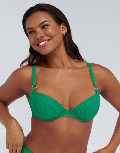 Boux Avenue Jamaica broderie plunge bikini top summer padded swimwear in green - view 1