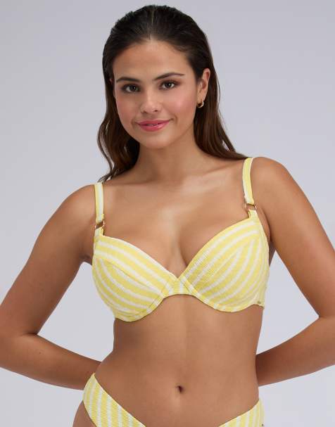 Boux Avenue Jamaica striped plunge bikini top summer underwired swimwear in lemon - view 1