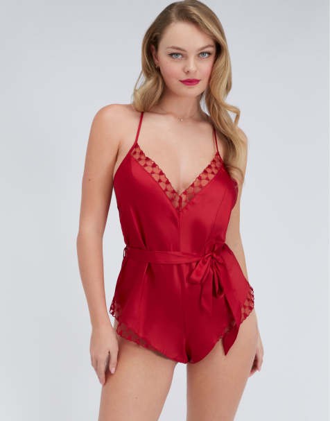 Boux Avenue Josephina Valentines heart teddy embroidered luxury nightwear in dark red - view 1