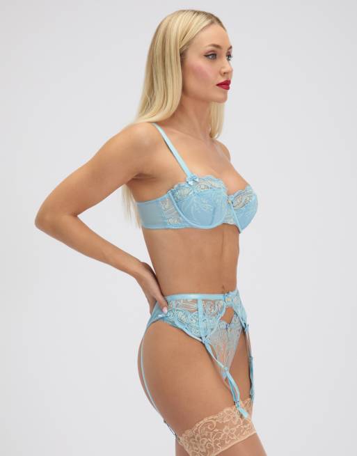 Boux Avenue Jules bow embroidered suspender belt garter sexy lingerie in light blue, 4 of 4