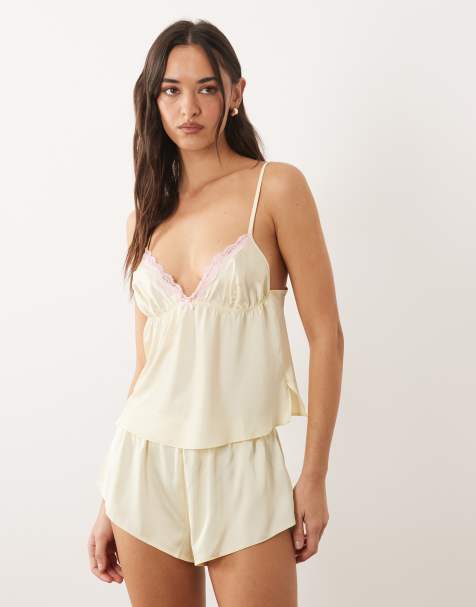 Boux Avenue - Kaya - Ensemble en satin avec caraco à bordure rose - Jaune - view 1