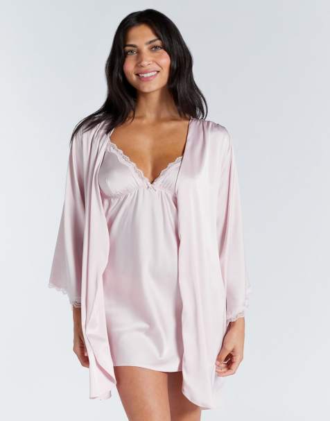 Boux Avenue Kaya floral lace trim satin short robe with belt in pink - view 1
