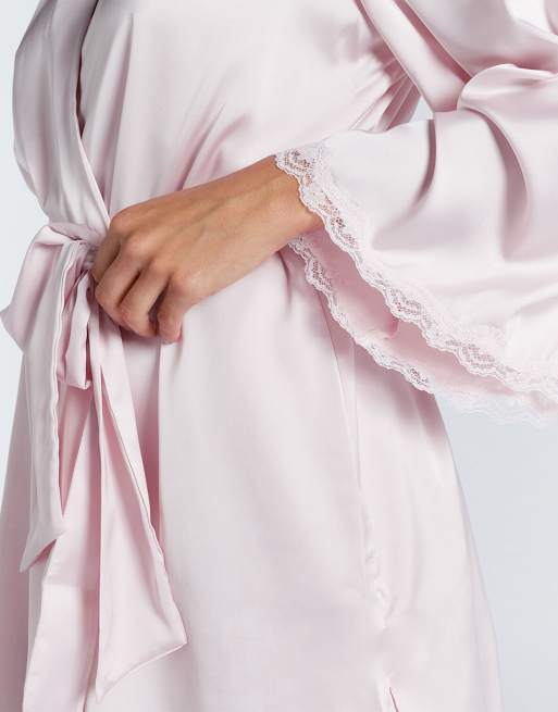 Boux Avenue Kaya floral lace trim satin short robe with belt in pink, 2 of 5