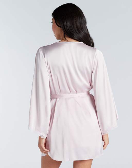 Boux Avenue Kaya floral lace trim satin short robe with belt in pink, 3 of 5