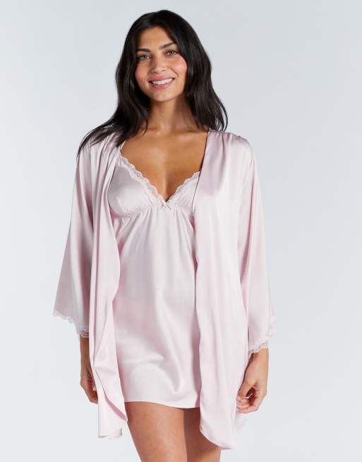Boux Avenue Kaya floral lace trim satin short robe with belt in pink, 4 of 5