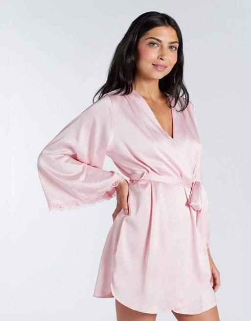 Boux Avenue Kaya floral lace trim satin short robe with belt in pink, 5 of 5